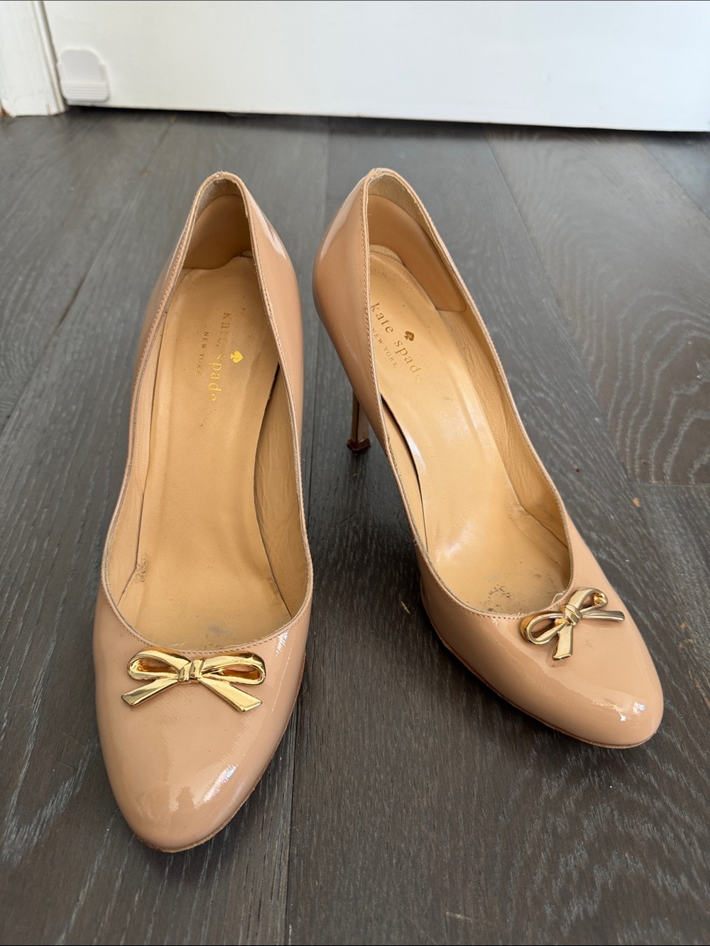 kate spade Blush Patent Leather Pumps with Gold Bow